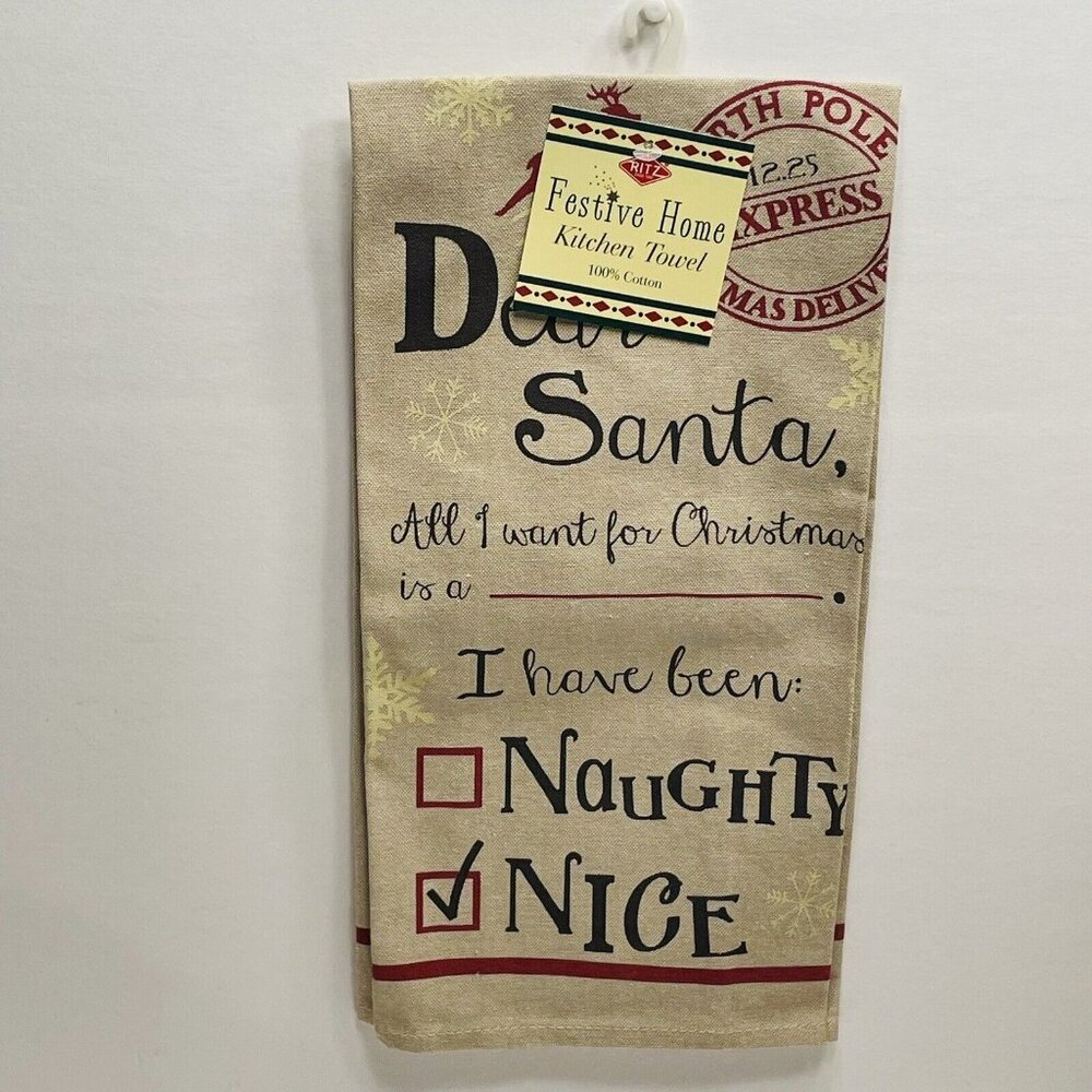 Winter Kitchen Towel Dishtowel 16x26" Cotton Dear Santa Letter Chambray Towel